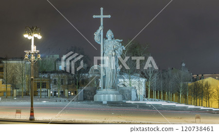 Monument to Prince Vladimir the Great timelapse hyperlapse on Borovitskaya Square in Moscow near the Kremlin. Monument to Prince Vladimir the Great timelapse hyperlapse on Borovitskaya Square in Moscow near the Kremlin. 120738461