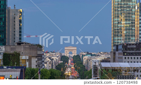 View from above in Defense business district to the Arc de Triumph day to night timelapse, Paris, France 120738498