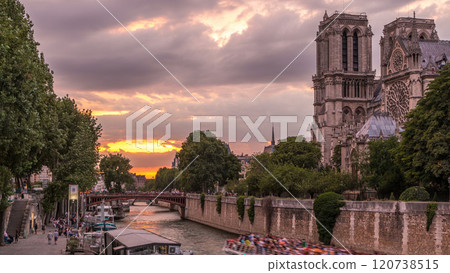 Cathedral Notre Dame de Paris day to night timelapse after sunset in Paris, France. 120738515