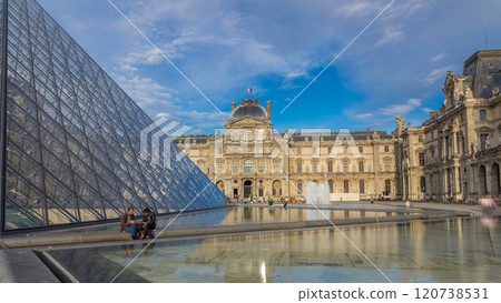 The large glass pyramid and the main courtyard of the Louvre Museum timelapse hyperlapse. Paris, France 120738531