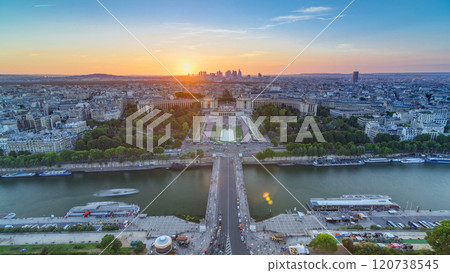 Sunset over Trocadero timelapse with the Palais de Chaillot seen from the Eiffel Tower in Paris, France. 120738545
