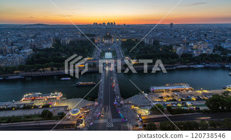 Aerial view over Trocadero day to night timelapse with the Palais de Chaillot seen from the Eiffel Tower in Paris, France. 120738546