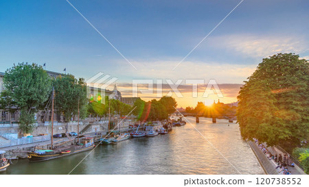 View to Pont des Arts in Paris at sunset timelapse, France 120738552
