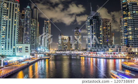 Dubai Marina towers and canal in Dubai night timelapse hyperlapse Dubai Marina towers and canal in Dubai night timelapse hyperlapse 120738697