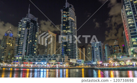 Dubai Marina towers and canal in Dubai night timelapse hyperlapse Dubai Marina towers and canal in Dubai night timelapse hyperlapse 120738698