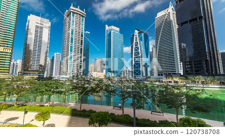 Residential buildings in Jumeirah Lake Towers timelapse hyperlapse in Dubai, UAE. 120738708