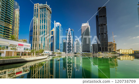 Residential buildings in Jumeirah Lake Towers timelapse hyperlapse in Dubai, UAE. 120738709