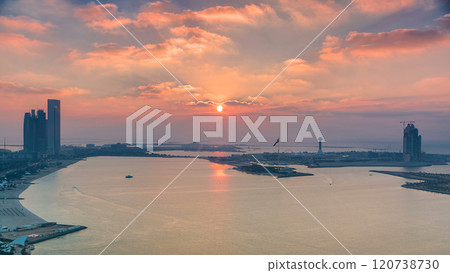 Top view of Abu Dhabi Skyline at sunset timelapse, United Arab Emirates Top view of Abu Dhabi Skyline at sunset timelapse, United Arab Emirates 120738730