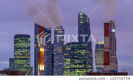 Moscow City skyscrapers in winter day to night timelapse. 120738759