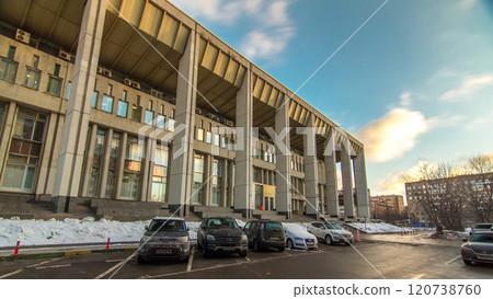 Timelapse hyperlapse of the facade and entrance to the Moscow Youth Palace during winter. 120738760