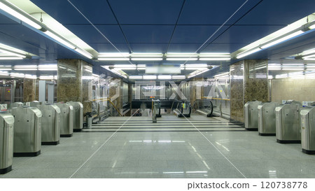 Interior of a modern subway station with trains timelapse hyperlapse 120738778