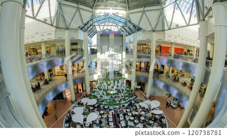 Many shops in multi-level department store or shopping mall timelapse hyperlapse. 120738781