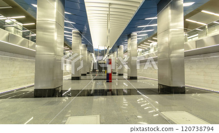 Interior of a modern subway station with trains timelapse 120738794