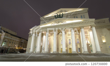 Night view of the State Academic Bolshoi Theatre Opera and Ballet timelapse hyperlapse, Moscow, Russia 120738800
