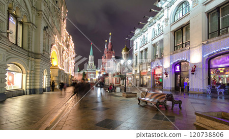 Winter view of Nikolskaya street timelapse hyperlapse in Moscow,Russia. 120738806