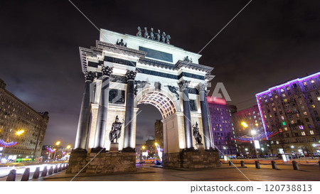 Triumphal arch in Moscow with Christmas illuminations at night timelapse hyperlapse 120738813