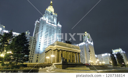 The Main Building Of Moscow State University On Sparrow Hills At Winter timelapse hyperlapse at Night 120738814