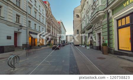 Walking on Stoleshnikov pedestrian street to Grand theatre in Moscow timelapse hyperlapse 120738823
