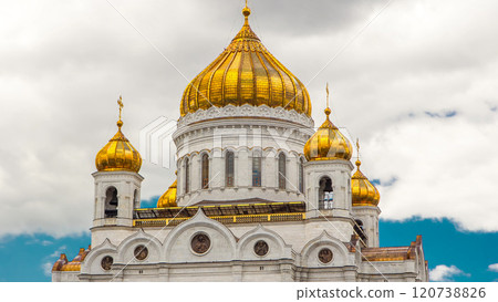 Majestic orthodox Cathedral of Christ Saviour close up view Timelapse, Russia 120738826