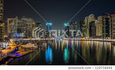 Dubai Marina towers and yachts in Dubai at night timelapse hyperlapse Dubai Marina towers and yachts in Dubai at night timelapse hyperlapse 120738848
