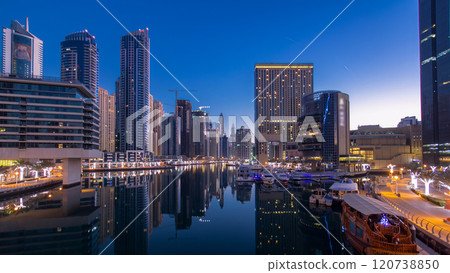 Dubai Marina towers and canal in Dubai night to day timelapse Dubai Marina towers and canal in Dubai night to day timelapse 120738850
