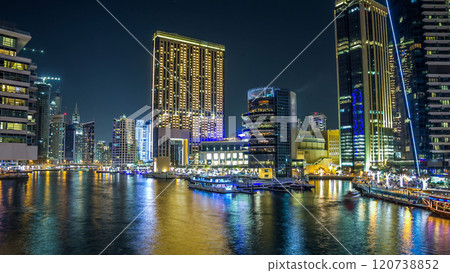 Dubai Marina towers and canal in Dubai night timelapse hyperlapse Dubai Marina towers and canal in Dubai night timelapse hyperlapse 120738852