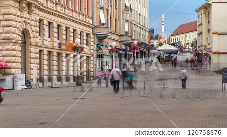 Street with historic buildings and Holy Mary monument in front of the Cathedral timelapse in Zagreb, Croatia 120738876