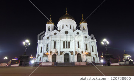 Majestic orthodox Cathedral of Christ Saviour illuminated at dusk Timelapse hyperlapse, Russia Majestic orthodox Cathedral of Christ Saviour illuminated at dusk Timelapse hyperlapse, Russia 120738900