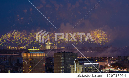 Fireworks on Lomonosov Moscow State University Main Building background at night timelapse 120738914