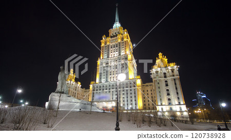 Hotel Ukraine winter night timelapse hyperlapse with bridge over Moscow River. Hotel Ukraine winter night timelapse hyperlapse with bridge over Moscow River. 120738928
