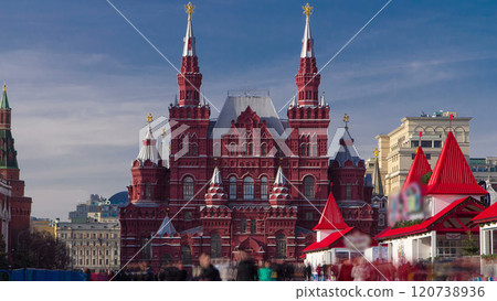 The State Historical Museum of Russia timelapse hyperlapse. Located between Red Square and Manege Square in Moscow 120738936