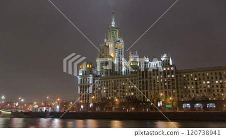 Night view of the Kotelnicheskaya Embankment Building hyperlapse in Moscow timelapse, Russia. Night view of the Kotelnicheskaya Embankment Building hyperlapse in Moscow timelapse, Russia. 120738941