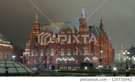 The State Historical Museum of Russia timelapse hyperlapse. Located between Red Square and Manege Square in Moscow 120738942