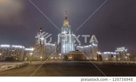 The Main Building Of Moscow State University On Sparrow Hills At Winter timelapse hyperlapse at Night The Main Building Of Moscow State University On Sparrow Hills At Winter timelapse hyperlapse at Night 120738948