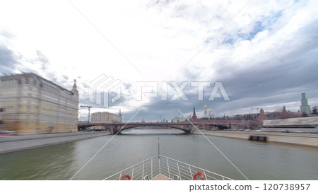 Moscow River. River cruise ships on the Moscow river winter timelapse hyperlapse 120738957