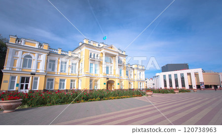 Beautiful 18th century building in the center of Uralsk timelapse hyperlapse. Western Kazakhstan. Beautiful 18th century building in the center of Uralsk timelapse hyperlapse. Western Kazakhstan. 120738963