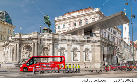 Front view of equestrian statue of Archduke Albert in front of the Albertina Museum timelapse hyperlapse in Vienna, Austria Front view of equestrian statue of Archduke Albert in front of the Albertina Museum timelapse hyperlapse in Vienna, Austria 120739001