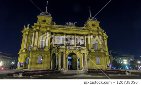 The building of the Croatian National Theater night timelapse hyperlapse. Croatia, Zagreb. 120739056