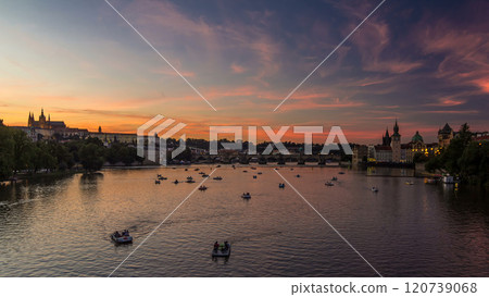 View of the city Prague in Czech Republic day to night timelapse on the Vltava river with beautiful sky 120739068