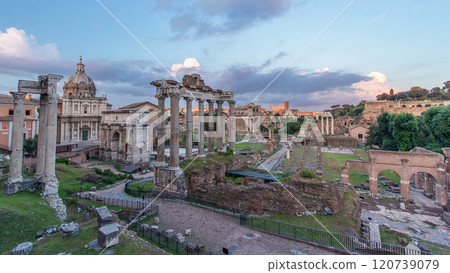 Ruins of Forum Romanum on Capitolium hill day to night timelapse in Rome, Italy 120739079