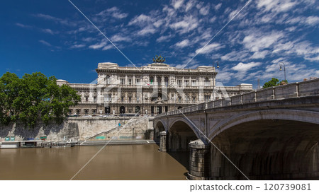 Palace of Justice timelapse hyperlapse - courthouse building with Ponte Sant' Umberto bridge. Rome, Italy. 120739081