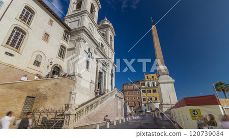 Church of Trinita dei Monti and Egyptian obelisk timelapse hyperlapse in Rome in Italy. 120739084