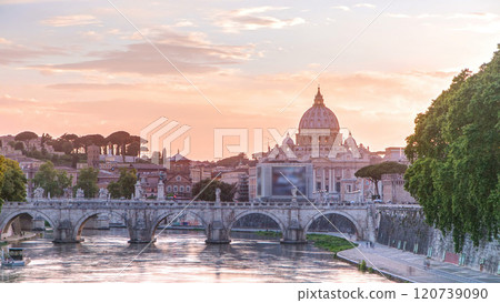 St. Peter's Basilica, Saint Angelo Bridge and Tiber River in the sunset timelapse St. Peter's Basilica, Saint Angelo Bridge and Tiber River in the sunset timelapse 120739090