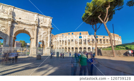 The Colosseum or Coliseum timelapse hyperlapse, also known as the Flavian Amphitheatre in Rome, Italy 120739128