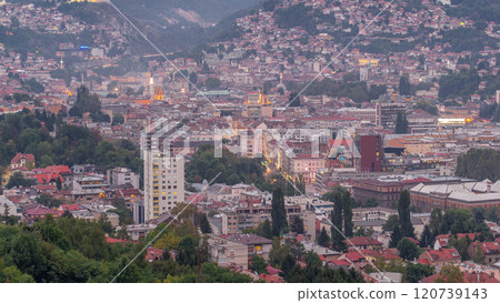 Aerial view of the historic part of Sarajevo city day to night timelapse. 120739143