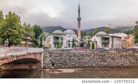 Beautiful view of the Emperor's Mosque in Sarajevo on the banks of the Milyacka River timelapse hyperlapse, Bosnia and Herzegovina Beautiful view of the Emperor's Mosque in Sarajevo on the banks of the Milyacka River timelapse hyperlapse, Bosnia and Herzegovina 120739152