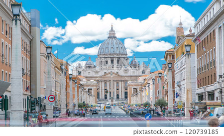 Vatican timelapse: St. Peter's Basilica in Vatican City State view from Via della Conciliazione, Road of the Conciliation. Vatican timelapse: St. Peter's Basilica in Vatican City State view from Via della Conciliazione, Road of the Conciliation. 120739185