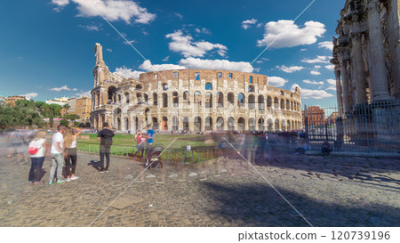 The Colosseum or Coliseum timelapse hyperlapse, also known as the Flavian Amphitheatre in Rome, Italy 120739196