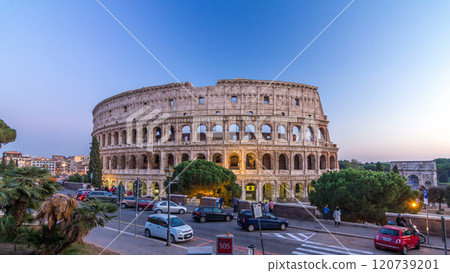 Colosseum day to night timelapse after sunset, Rome. Colosseum day to night timelapse after sunset, Rome. 120739201