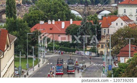 Aerial view of the Old Town pier architecture and Charles Bridge over Vltava river timelapse in Praha. Prague, Czech Republic. 120739205